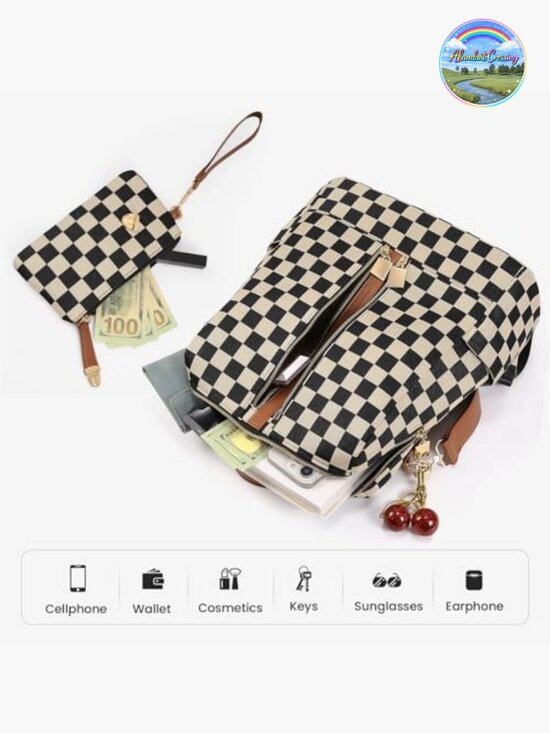 Small Checkered Backpack Purse for Women Canvas PU Leather Travel Daypack